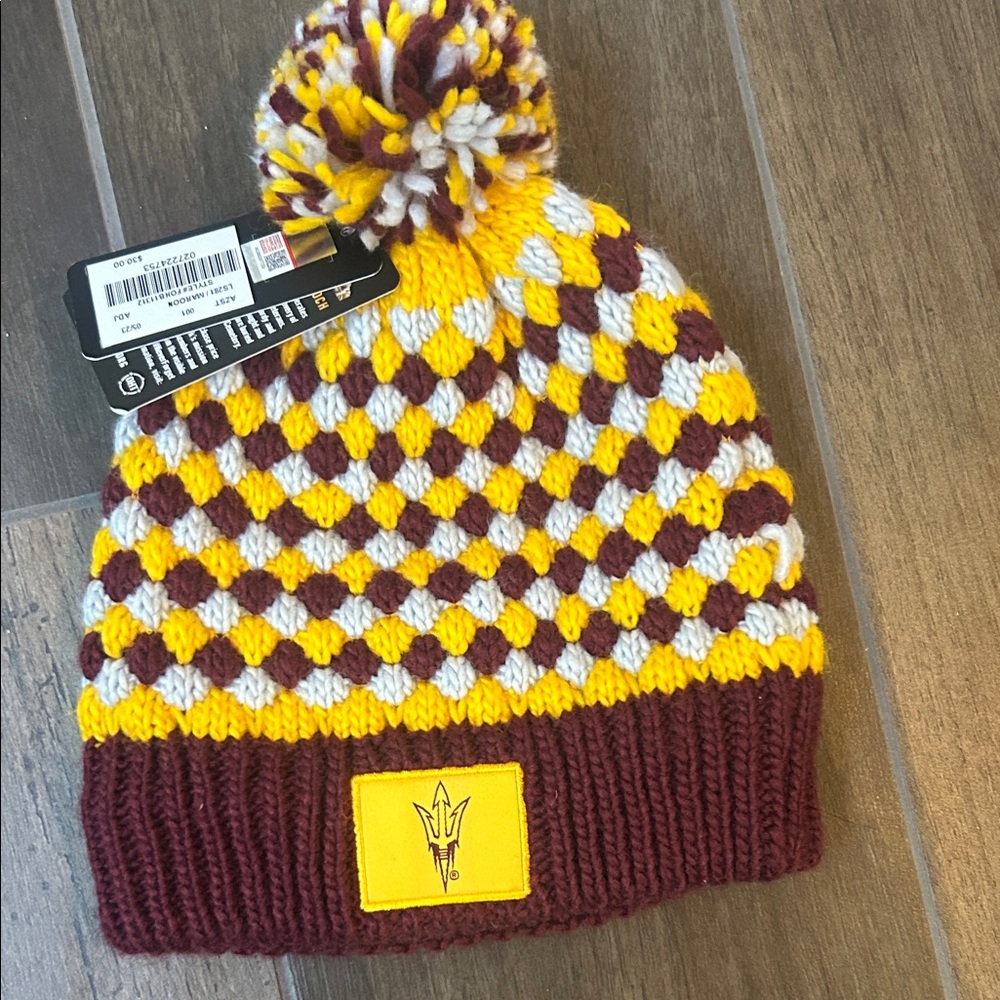 Cozy Checkered ASU Pom-Pom Beanie - Yellow and Maroon
